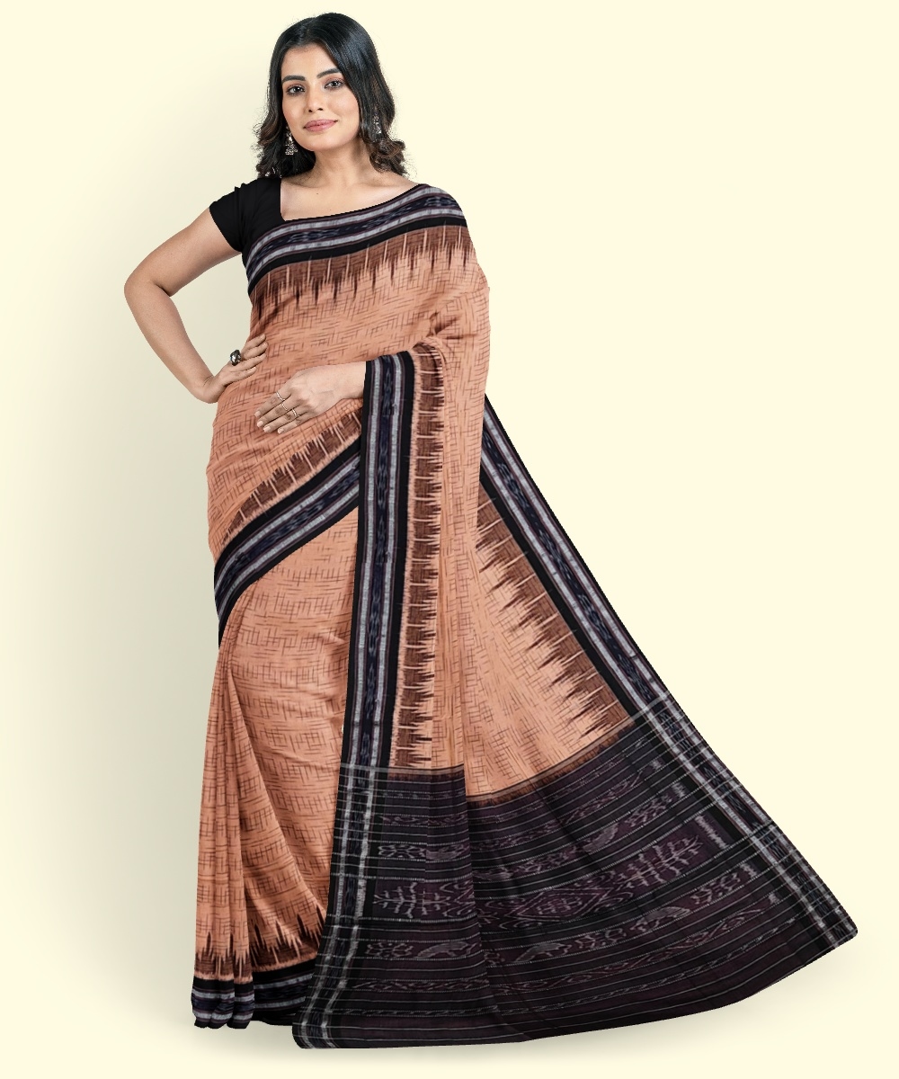 Beige Black Sambalpuri Handwoven Single Ikat Cotton Saree Image 1
