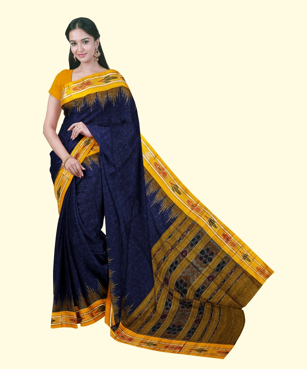 Blue Yellow Sambalpuri Handwoven Single Ikat Cotton Saree Image 1