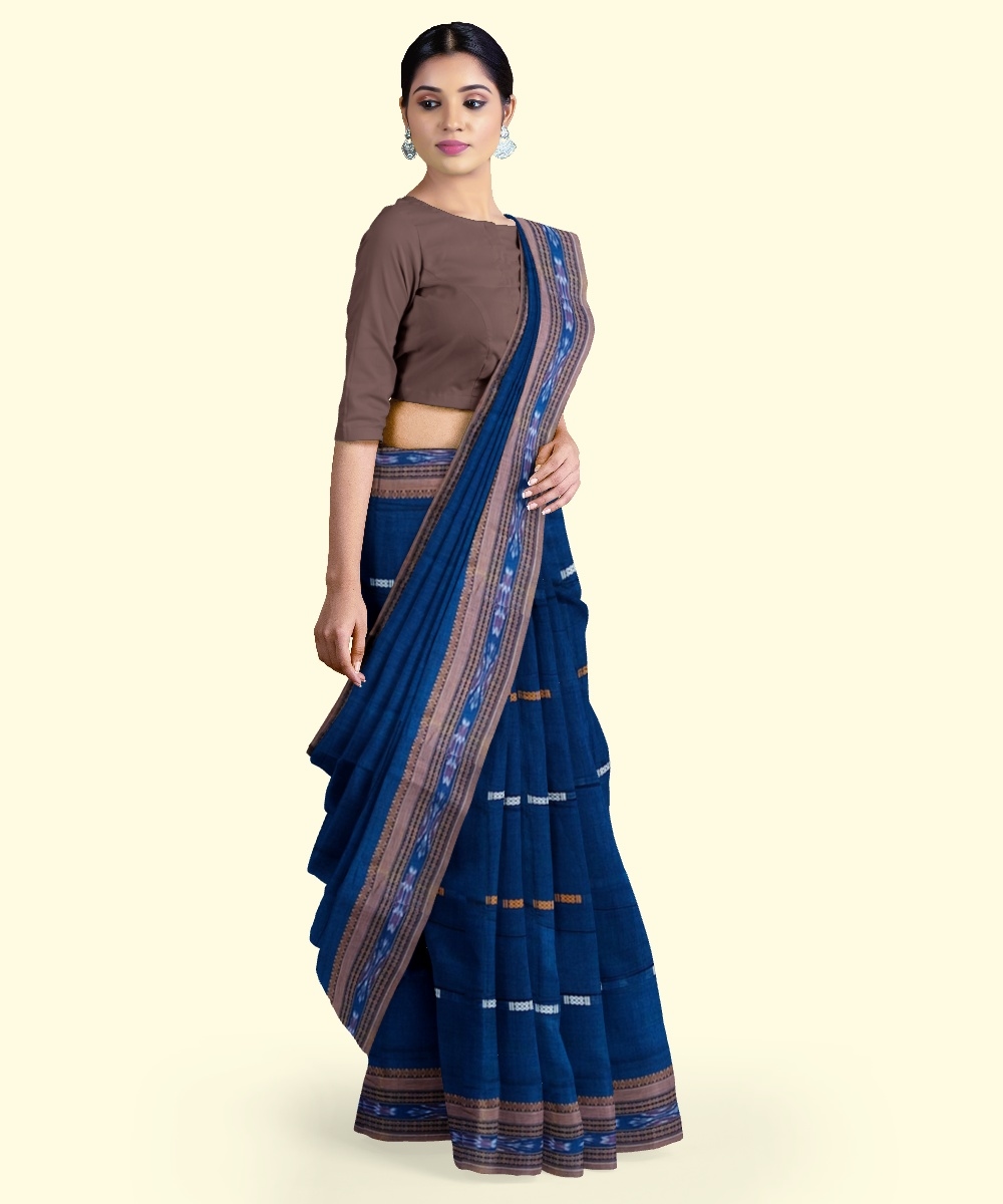 Blue Yellow Sambalpuri Handwoven Single Ikat Cotton Saree Image 2