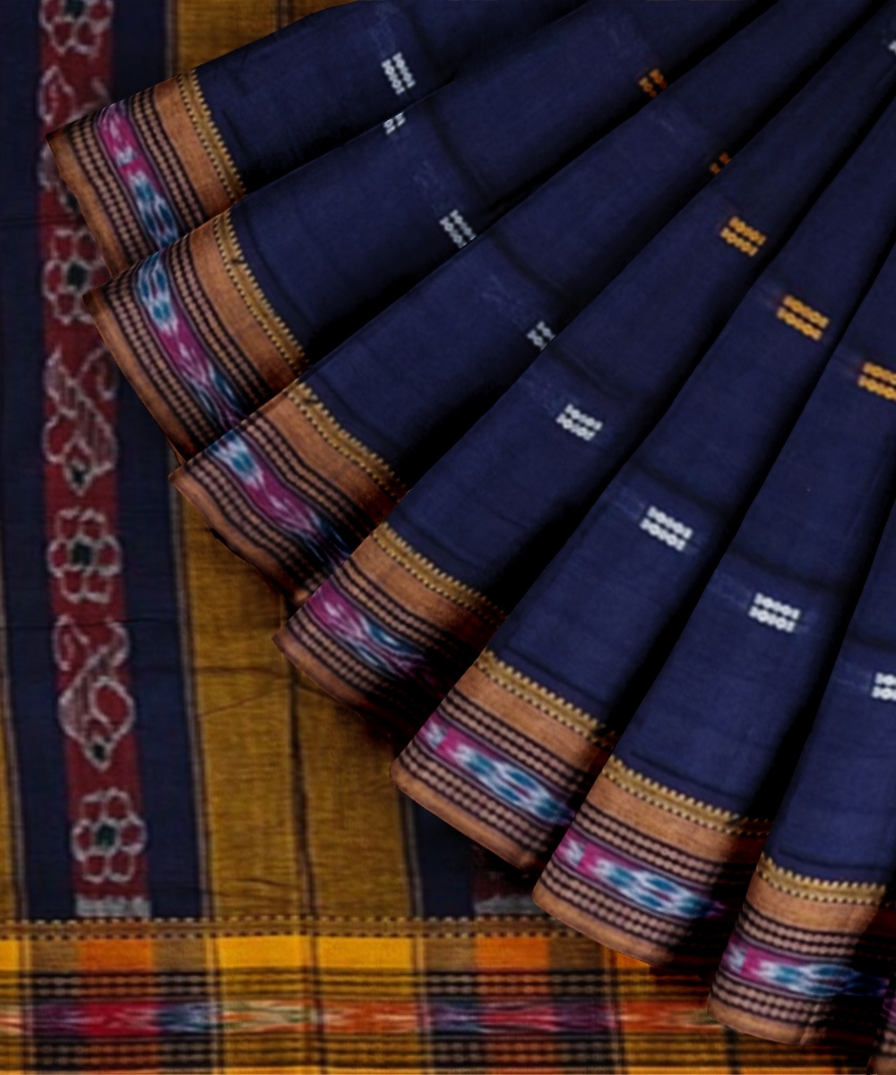 Blue Yellow Sambalpuri Handwoven Single Ikat Cotton Saree Image 2