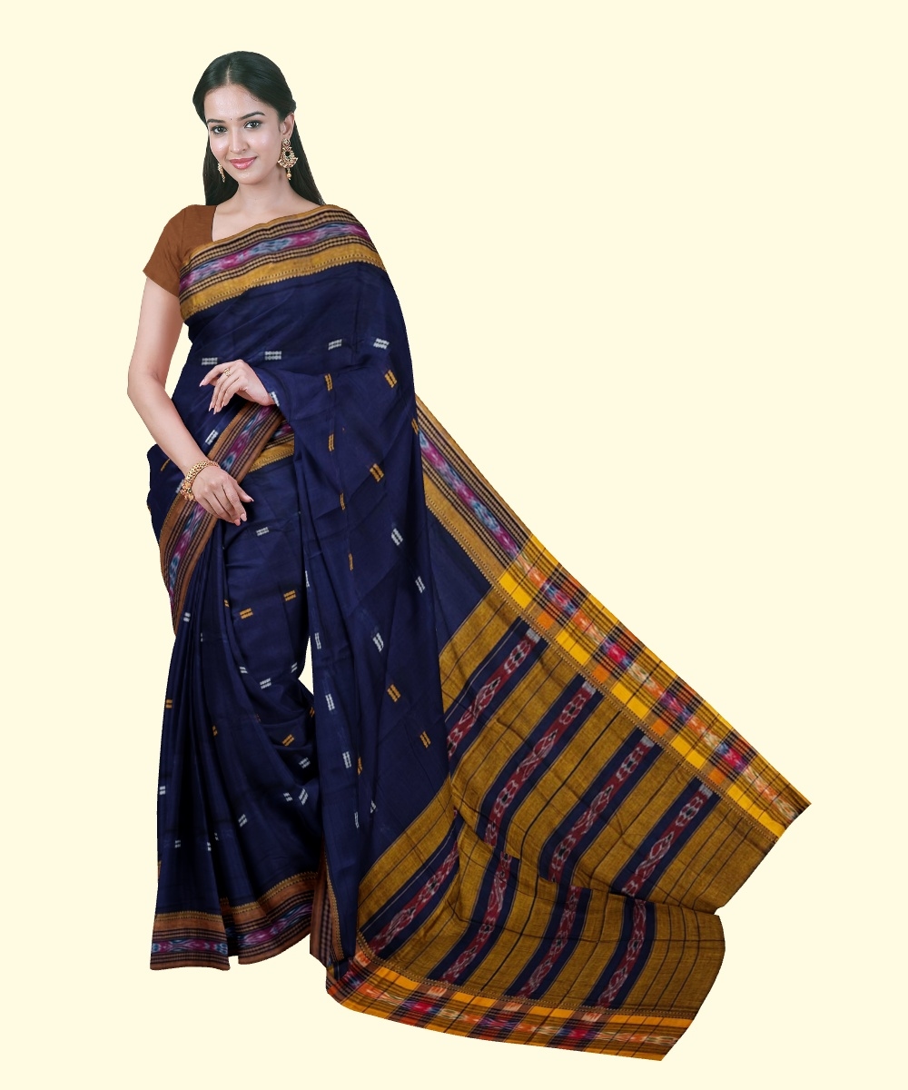Blue Yellow Sambalpuri Handwoven Single Ikat Cotton Saree Image 1