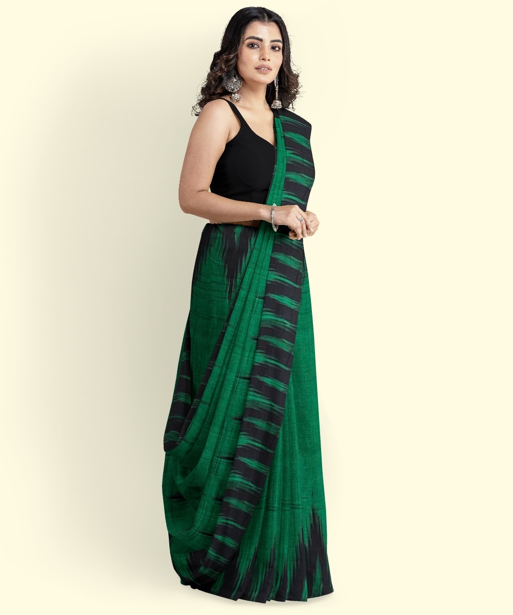 Green Black Sambalpuri Handwoven Single Ikat Cotton Saree Image 4