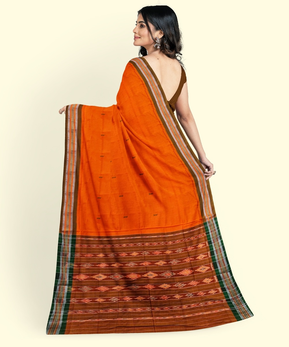 Orange Green Sambalpuri Handwoven Single Ikat Cotton Saree Image 4