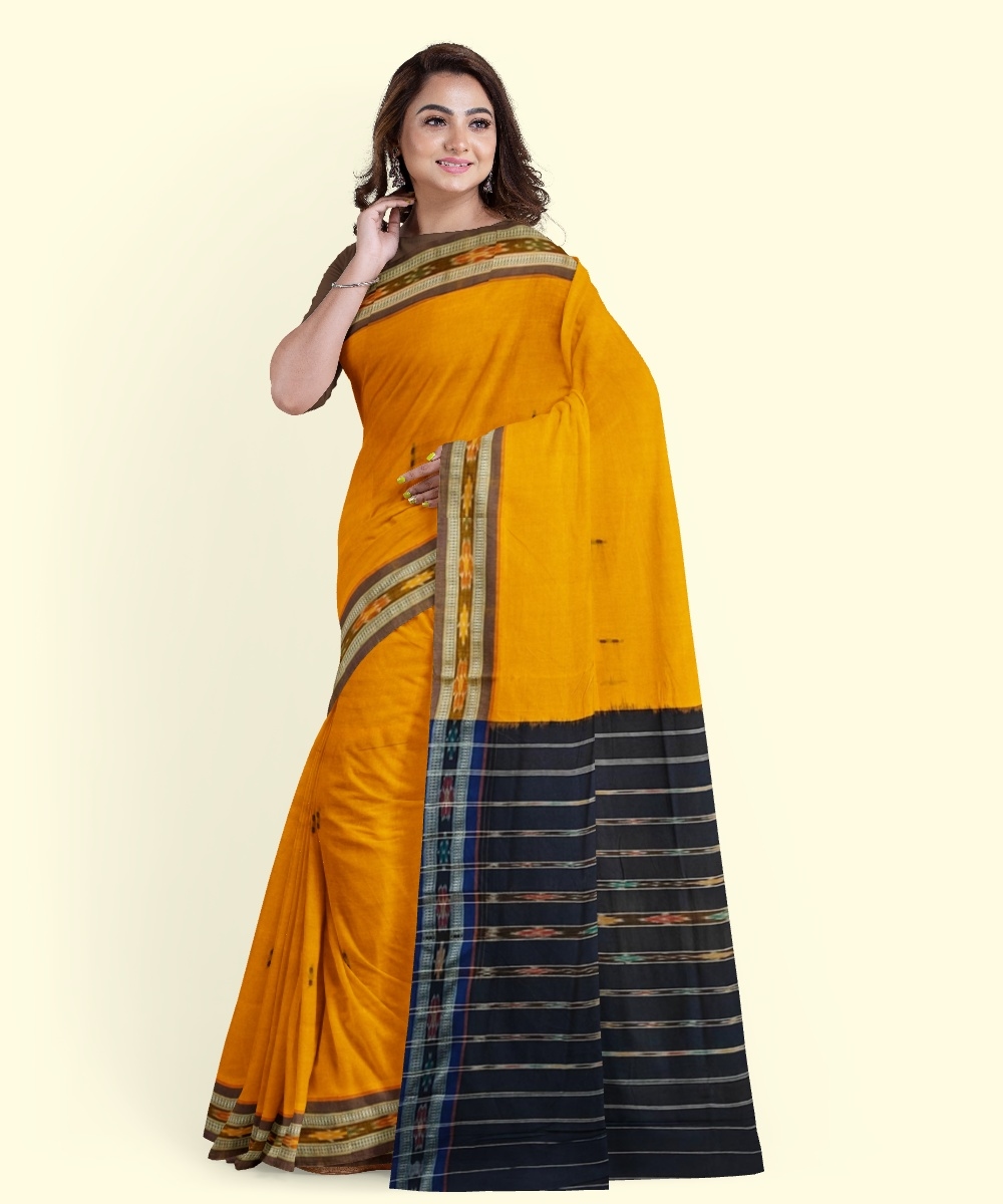 Mustard Black Sambalpuri Handwoven Single Ikat Cotton Saree Image 4
