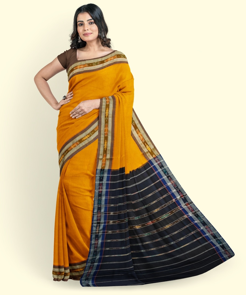 Mustard Black Sambalpuri Handwoven Single Ikat Cotton Saree Image 1