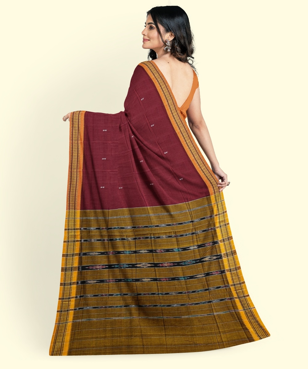 Red Yellow Sambalpuri Handwoven Single Ikat Cotton Saree Image 4