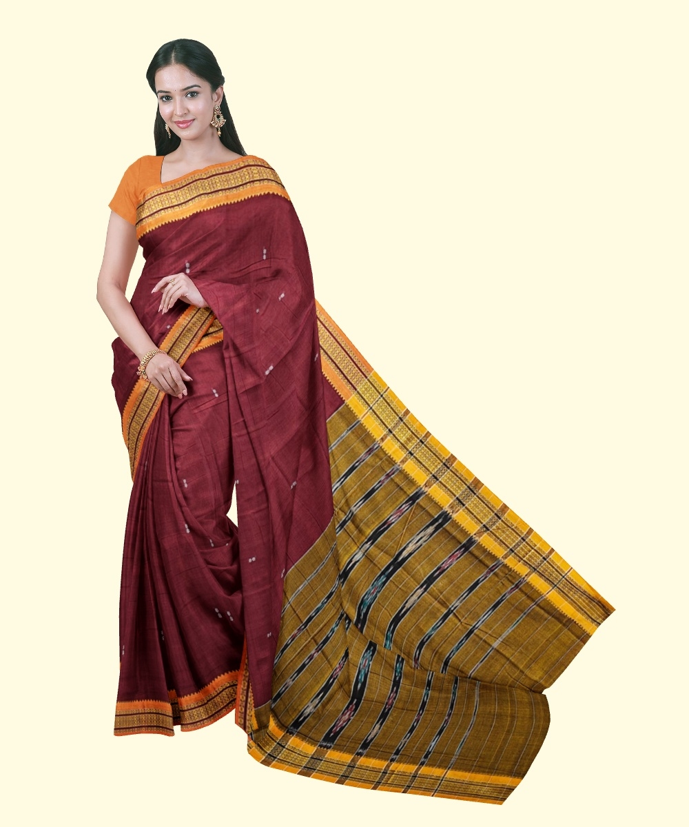 Red Yellow Sambalpuri Handwoven Single Ikat Cotton Saree Image 1