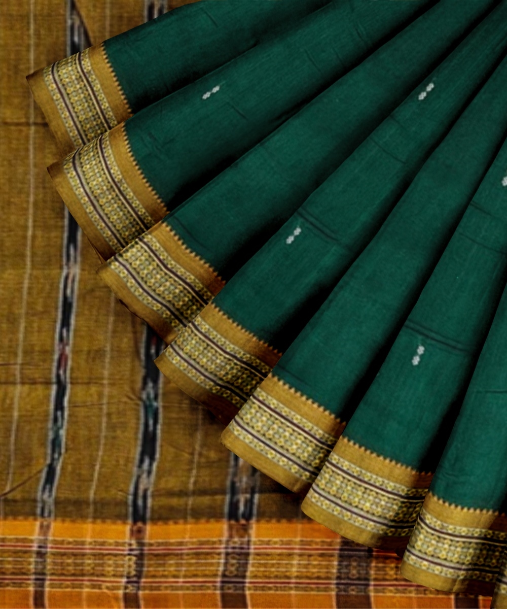Green Yellow Sambalpuri Handwoven Single Ikat Cotton Saree Image 2