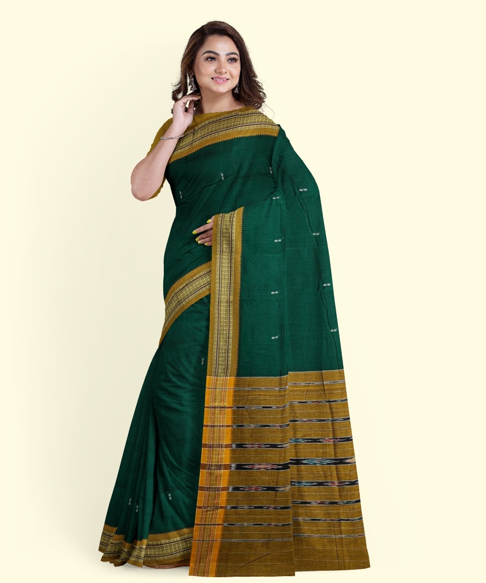 Green Yellow Sambalpuri Handwoven Single Ikat Cotton Saree Image 4