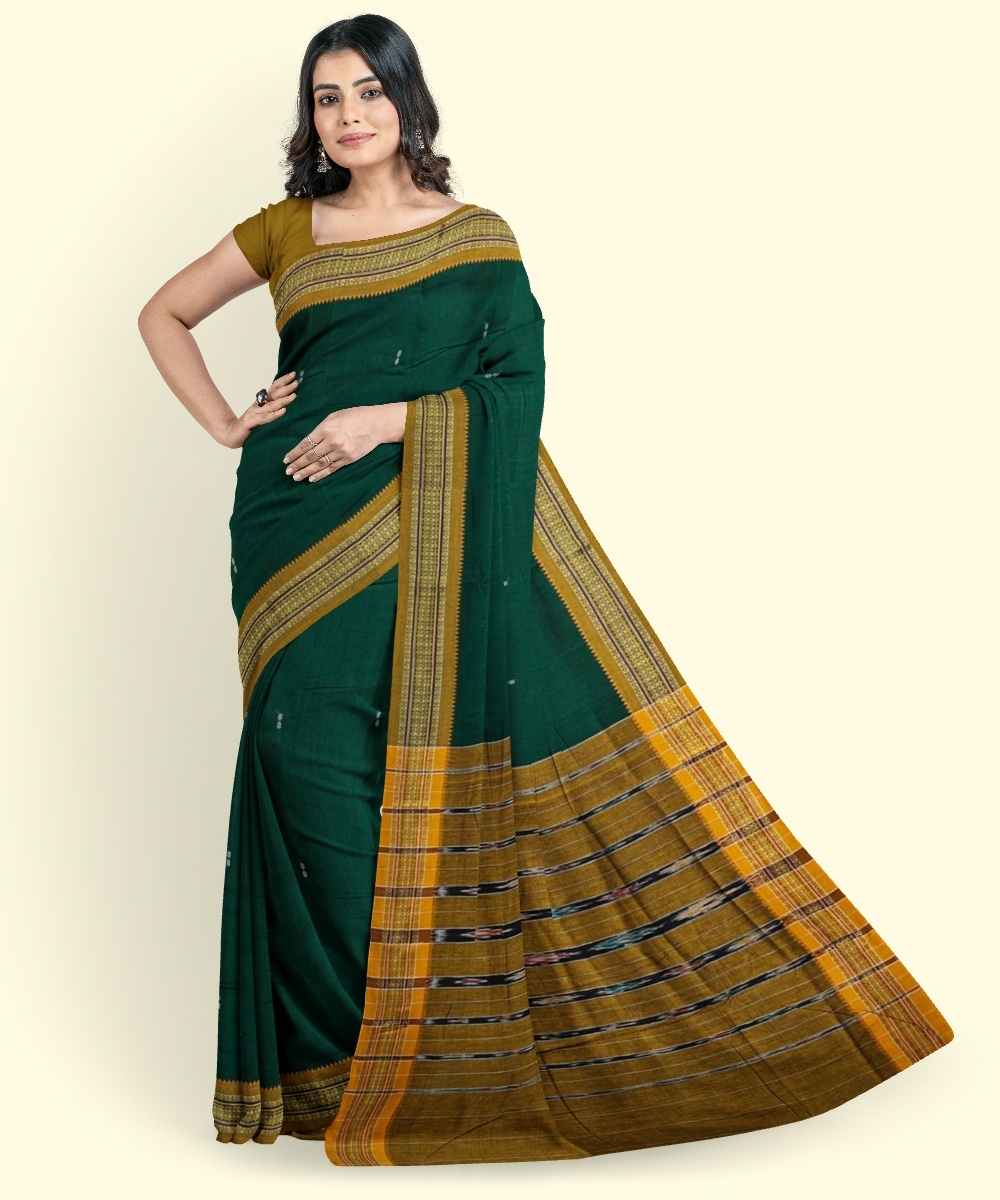 Green Yellow Sambalpuri Handwoven Single Ikat Cotton Saree Image 1