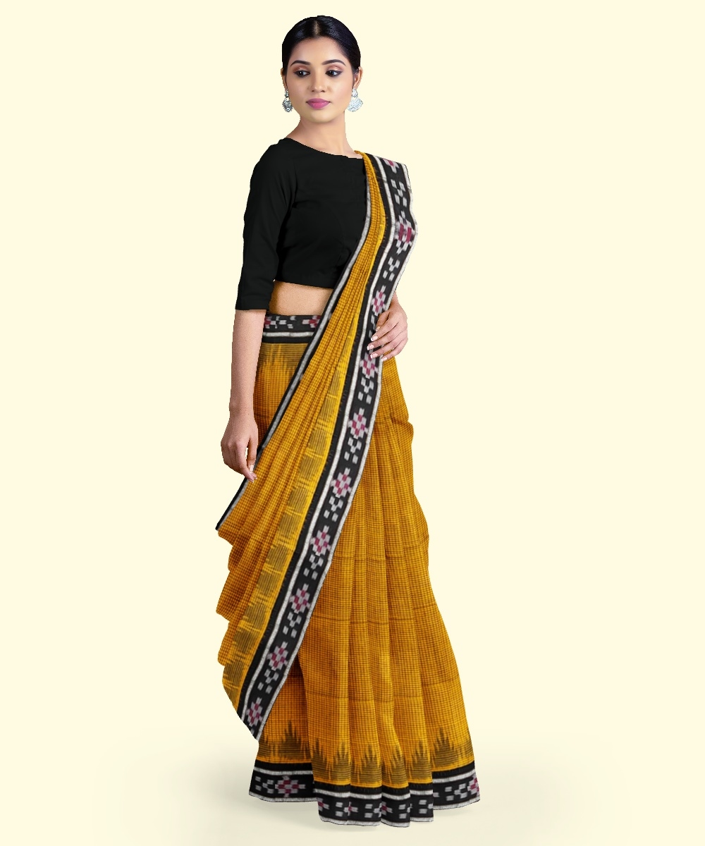 Yellow Black Sambalpuri Handwoven Single Ikat Cotton Saree Image 2