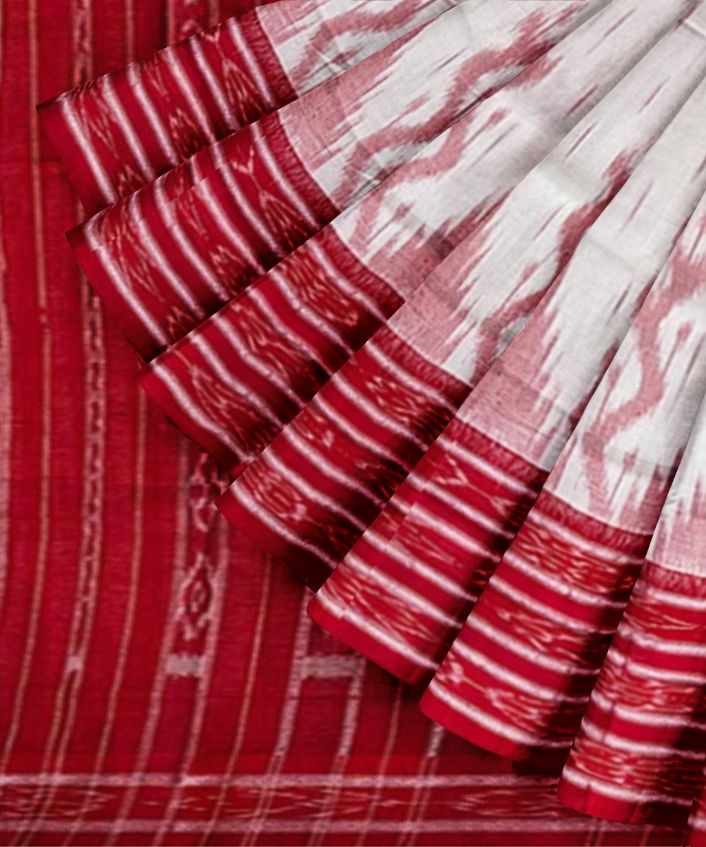 White Red Sambalpuri Handwoven Single Ikat Cotton Saree Image 2
