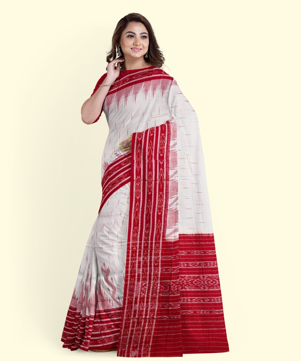 White Red Sambalpuri Handwoven Single Ikat Cotton Saree Image 4