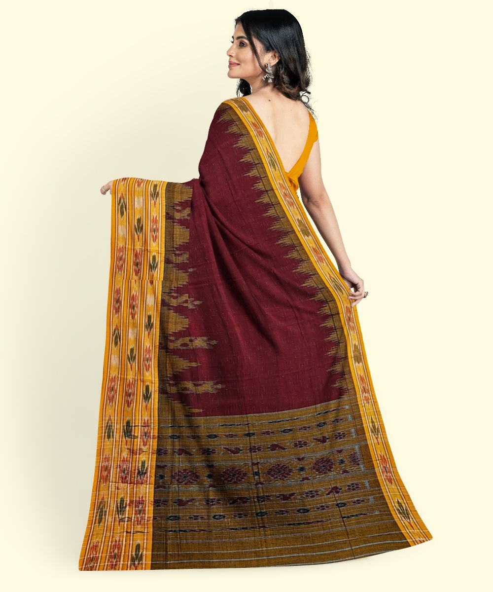 Maroon Yellow Sambalpuri Handwoven Single Ikat Cotton Saree Image 4