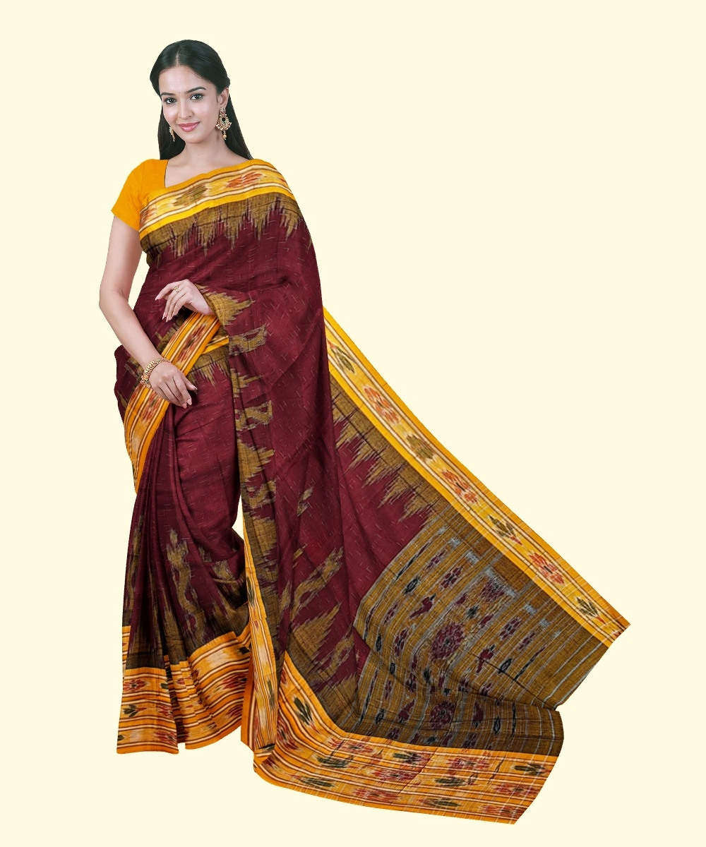 Maroon Yellow Sambalpuri Handwoven Single Ikat Cotton Saree Image 1