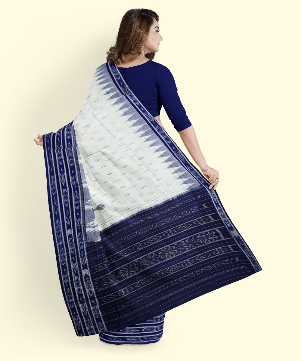 White Blue Sambalpuri Handwoven Single Ikat Cotton Saree Image 3