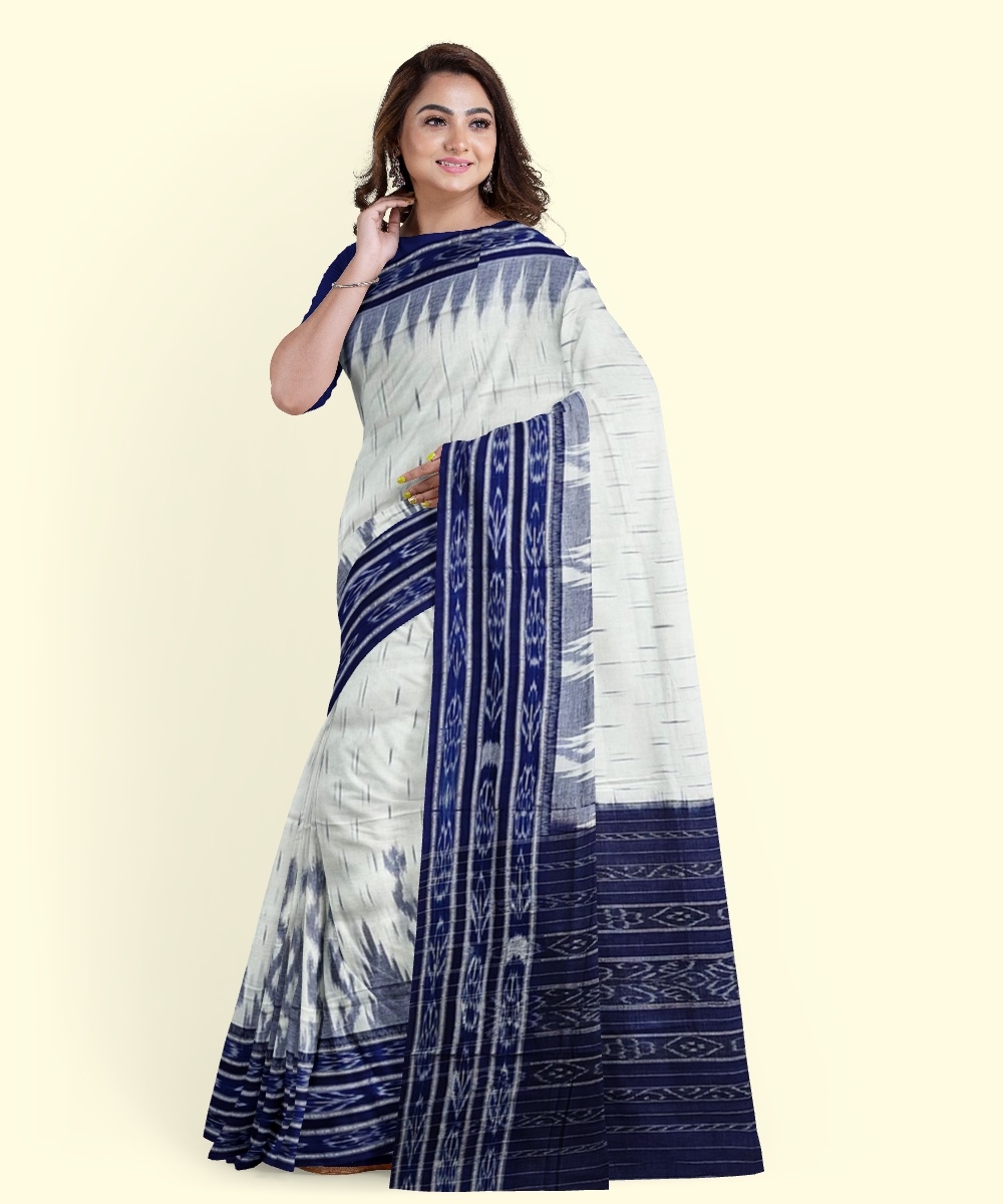 White Blue Sambalpuri Handwoven Single Ikat Cotton Saree Image 4