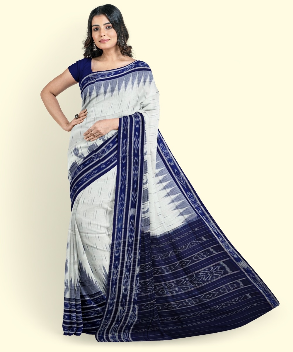 White Blue Sambalpuri Handwoven Single Ikat Cotton Saree Image 1