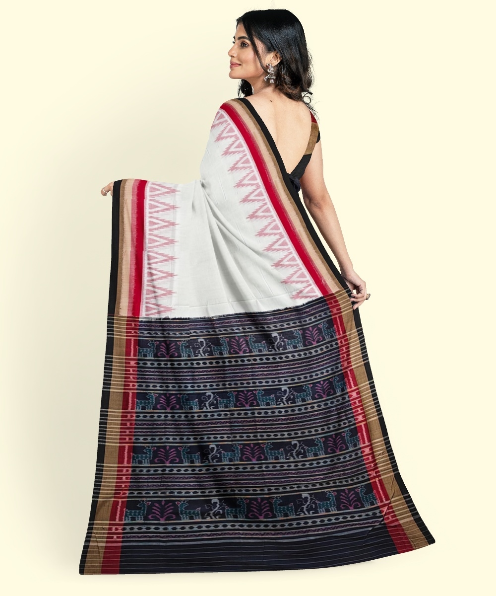 White Black Sambalpuri Handwoven Single Ikat Cotton Saree Image 4