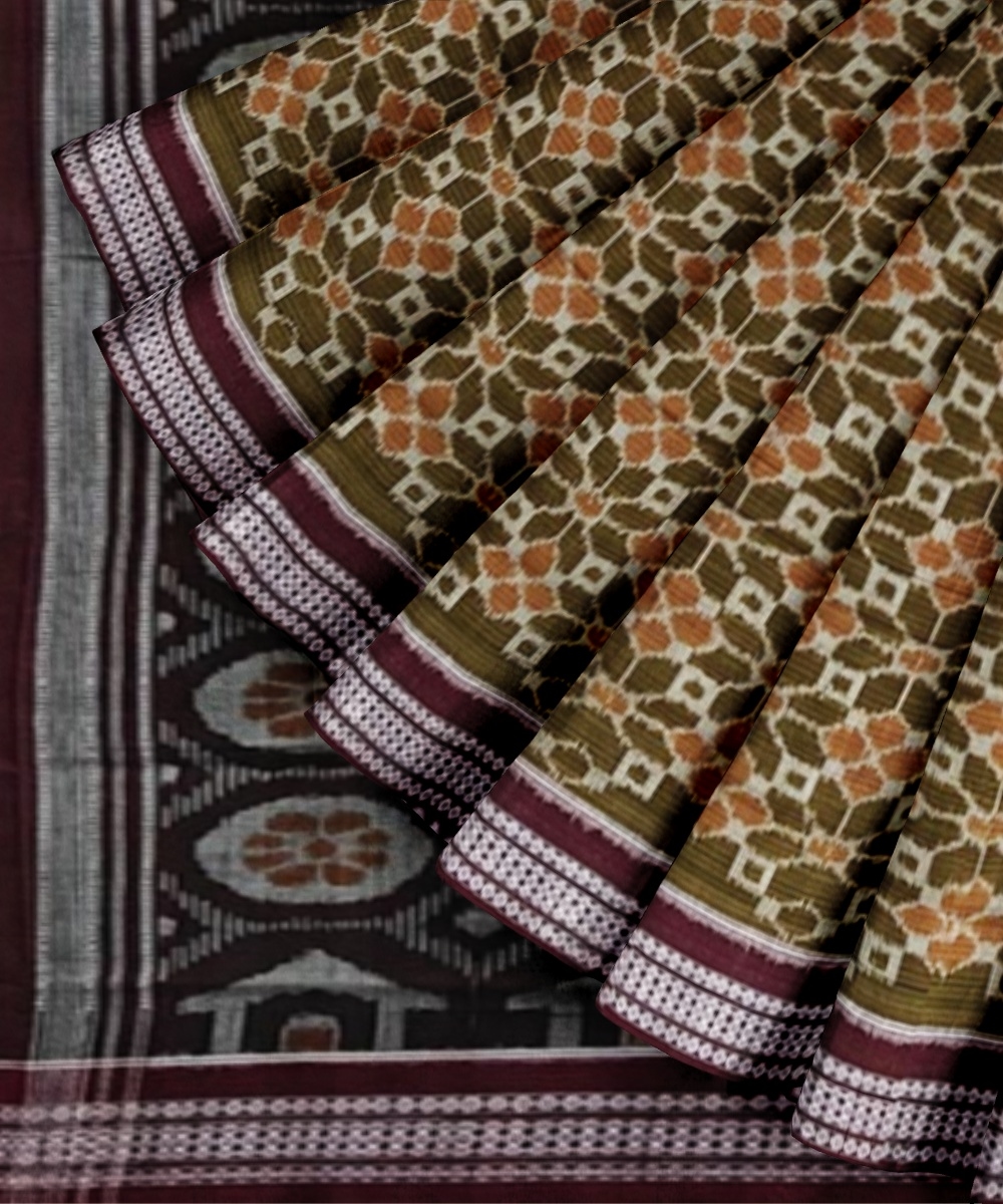 Olive Maroon Sambalpuri Handwoven Single Ikat Cotton Saree Image 2
