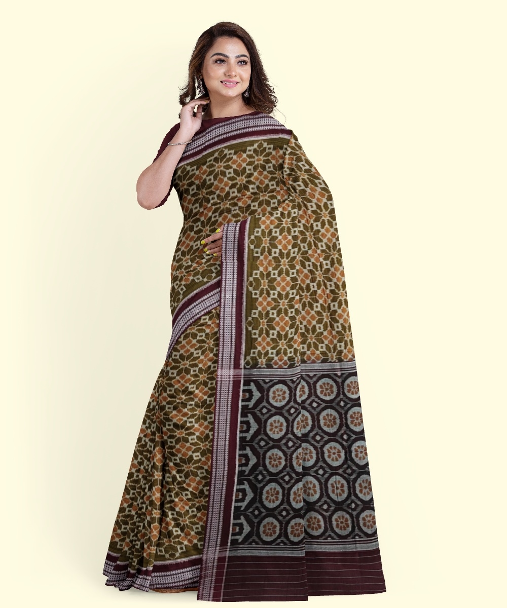 Olive Maroon Sambalpuri Handwoven Single Ikat Cotton Saree Image 3