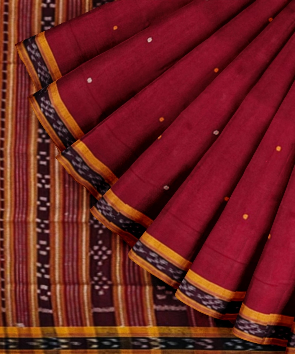 Maroon Yellow Sambalpuri Handwoven Single Ikat Cotton Saree Image 3