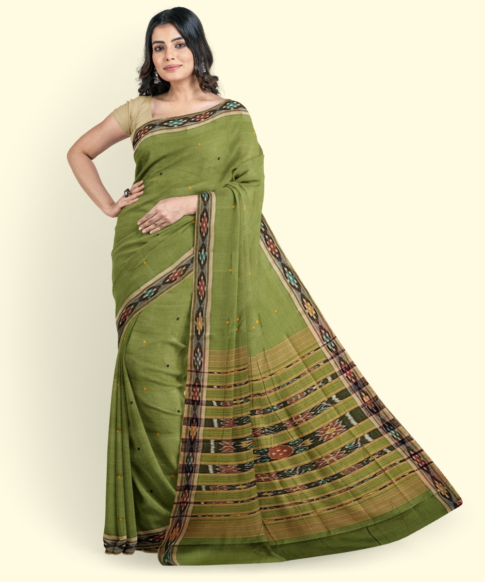 Olive Sambalpuri Handwoven Single Ikat Cotton Saree Image 1