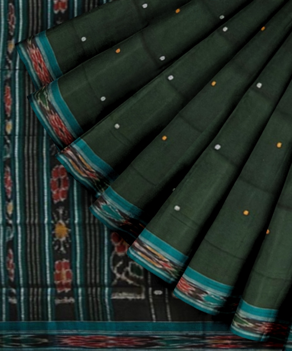 Green Blue Sambalpuri Handwoven Single Ikat Cotton Saree Image 2
