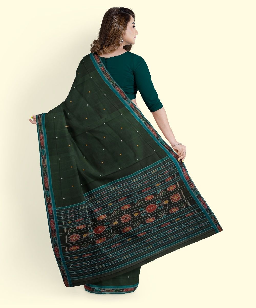 Green Blue Sambalpuri Handwoven Single Ikat Cotton Saree Image 3