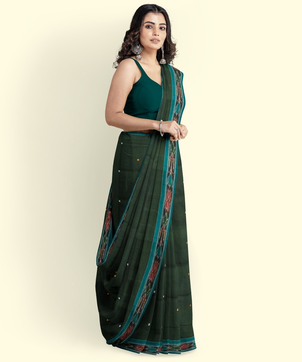 Green Blue Sambalpuri Handwoven Single Ikat Cotton Saree Image 4