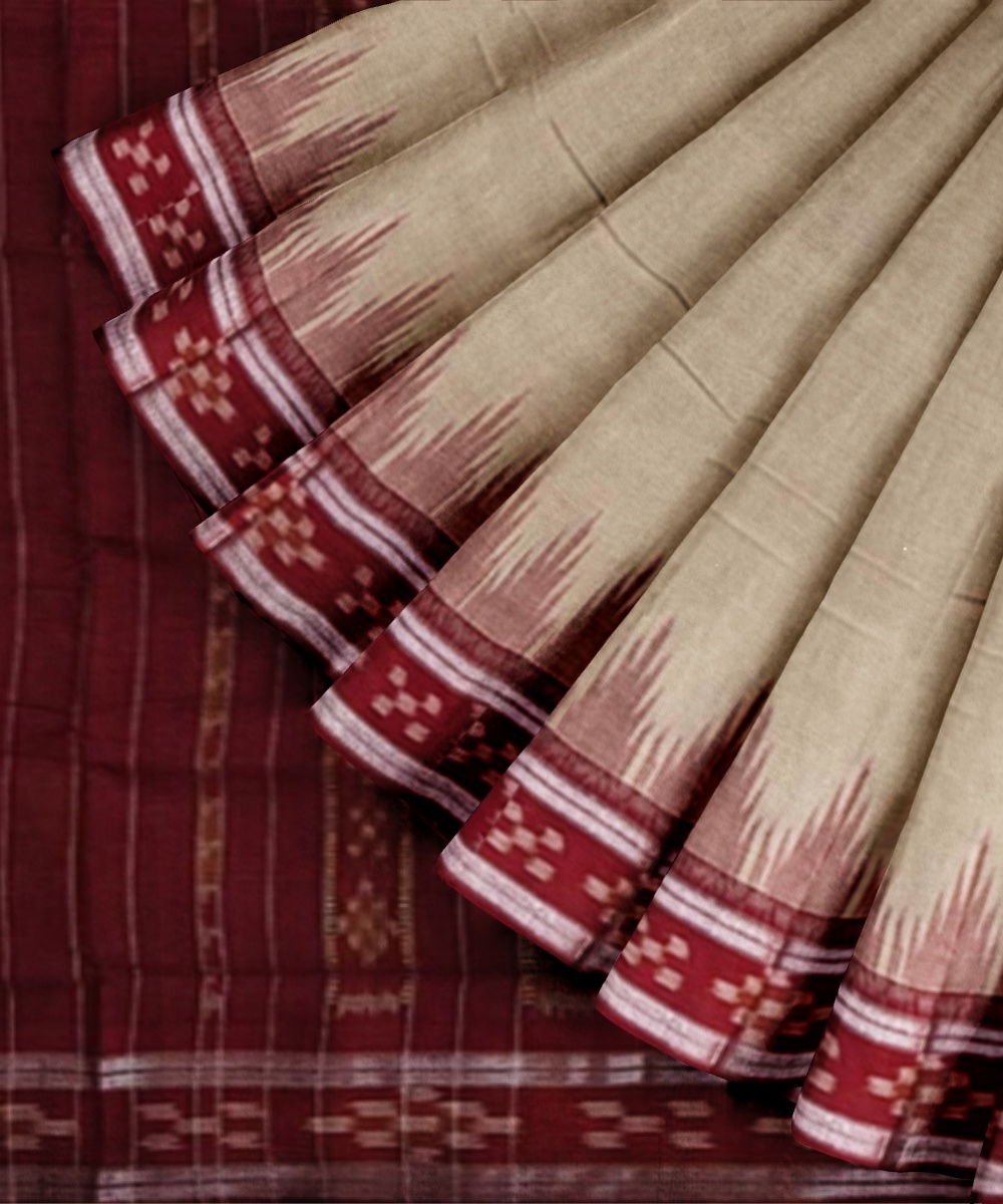 Beige Maroon Sambalpuri Handwoven Single Ikat Cotton Saree Image 2