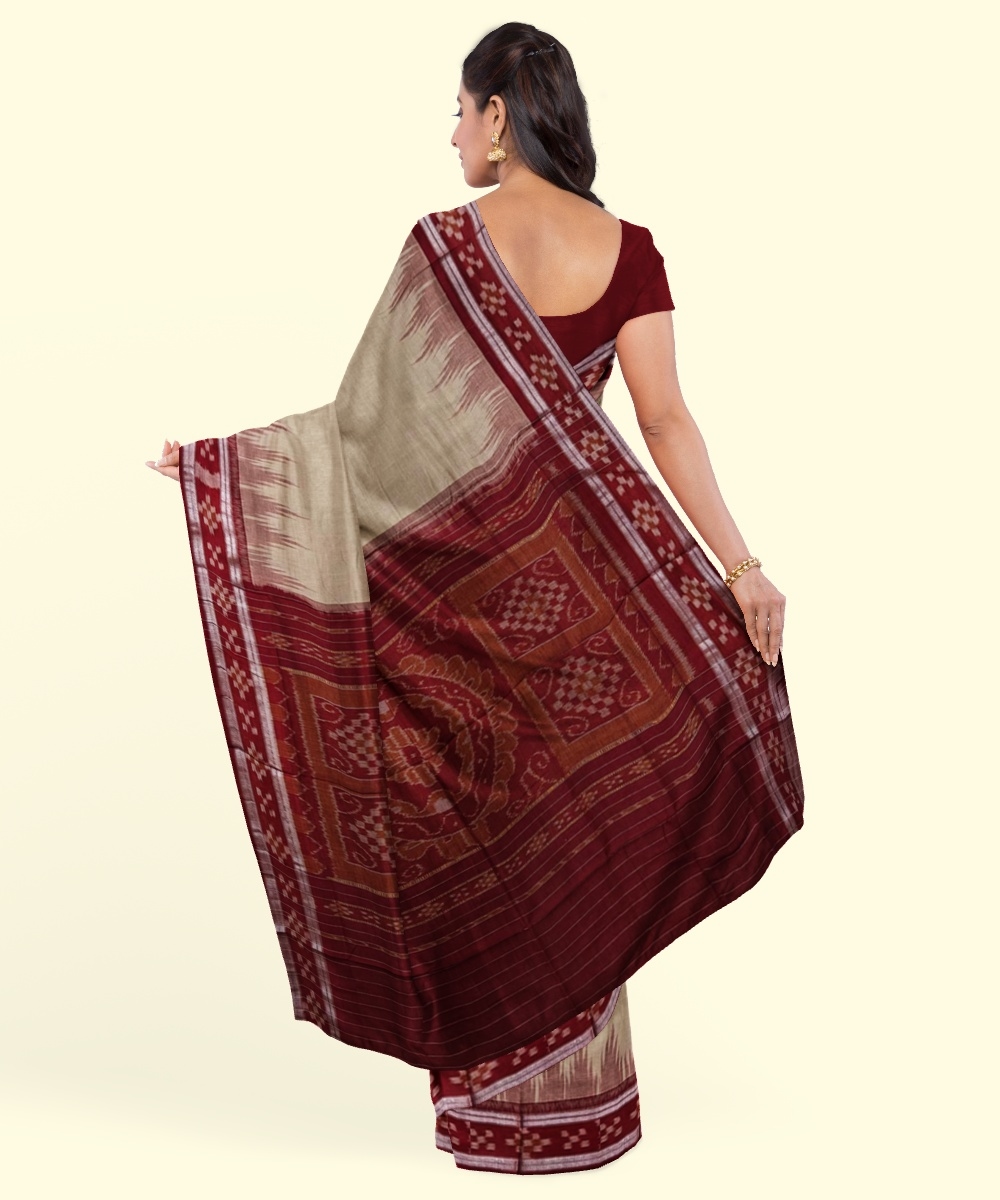 Beige Maroon Sambalpuri Handwoven Single Ikat Cotton Saree Image 3