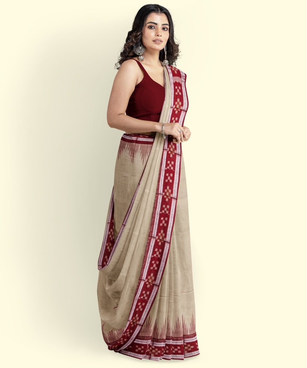 Beige Maroon Sambalpuri Handwoven Single Ikat Cotton Saree Image 4