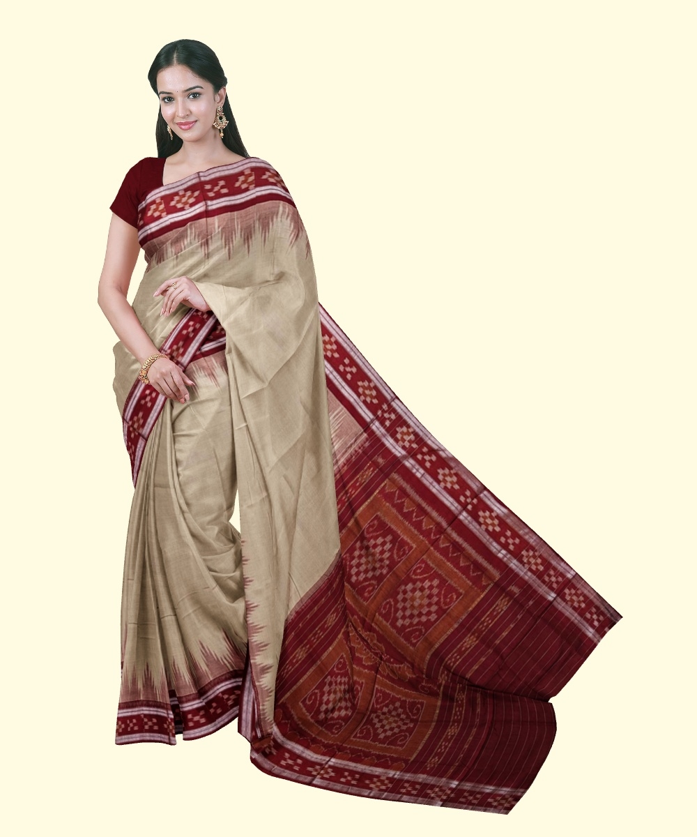 Beige Maroon Sambalpuri Handwoven Single Ikat Cotton Saree Image 1