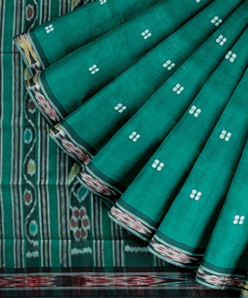 Green Black Sambalpuri Handwoven Single Ikat Cotton Saree Image 2