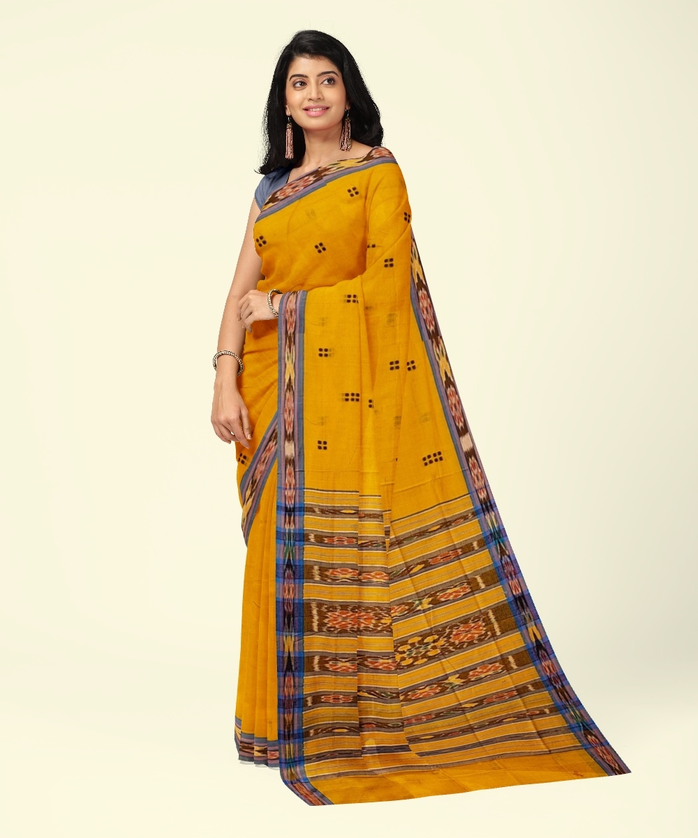 Yellow Blue Sambalpuri Handwoven Single Ikat Cotton Saree Image 1