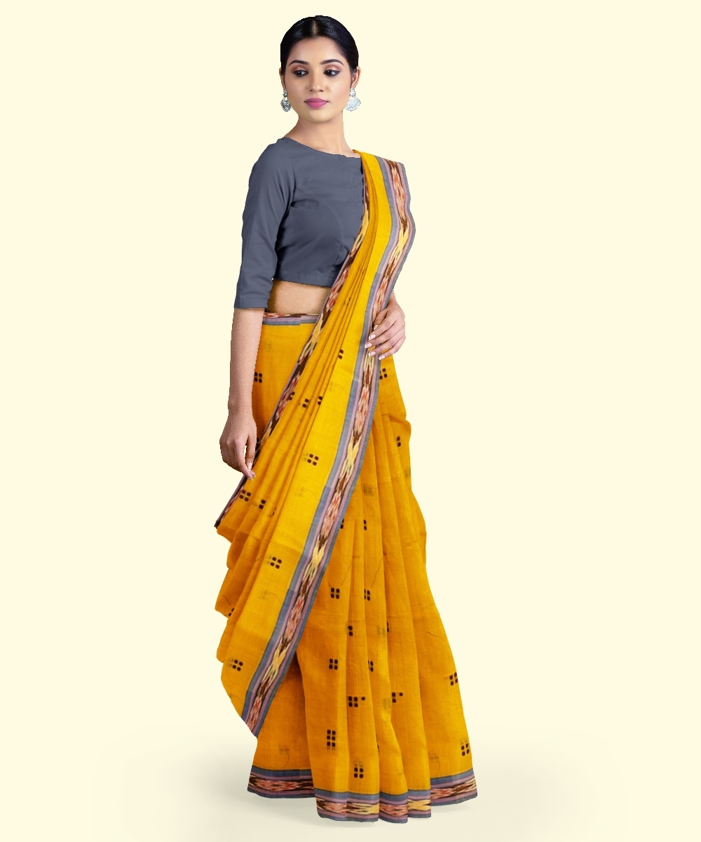 Yellow Blue Sambalpuri Handwoven Single Ikat Cotton Saree Image 2