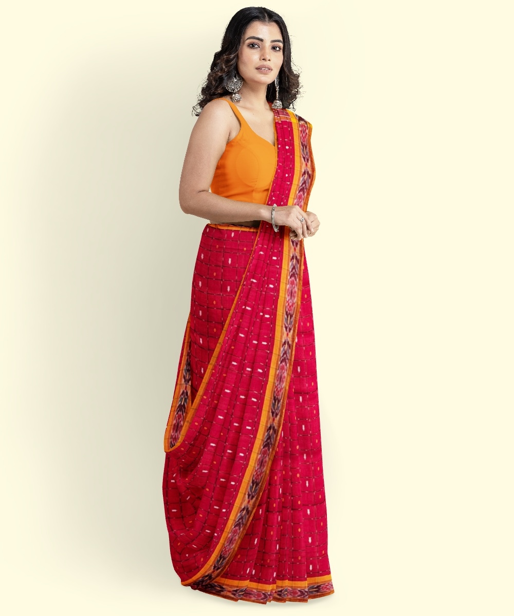 Red Yellow Sambalpuri Handwoven Single Ikat Cotton Saree Image 3