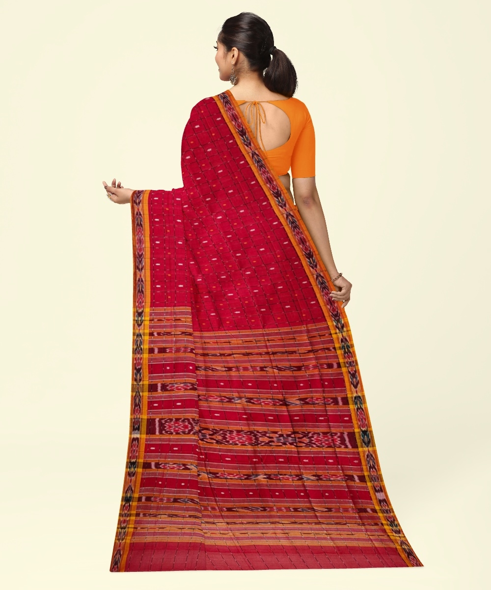 Red Yellow Sambalpuri Handwoven Single Ikat Cotton Saree Image 4