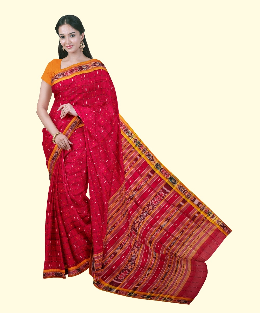 Red Yellow Sambalpuri Handwoven Single Ikat Cotton Saree Image 1