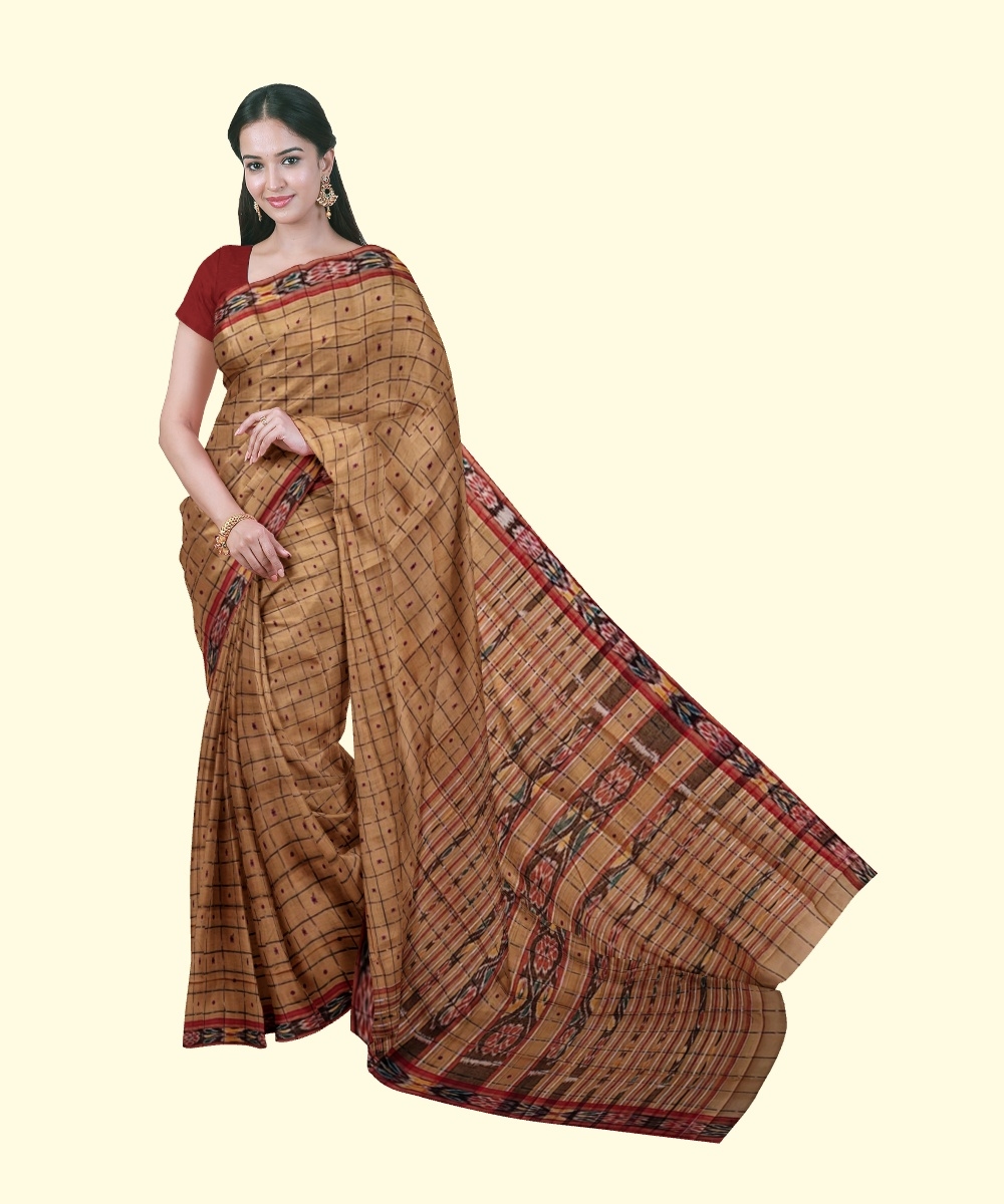 Beige Sambalpuri Handwoven Single Ikat Cotton Saree Image 1