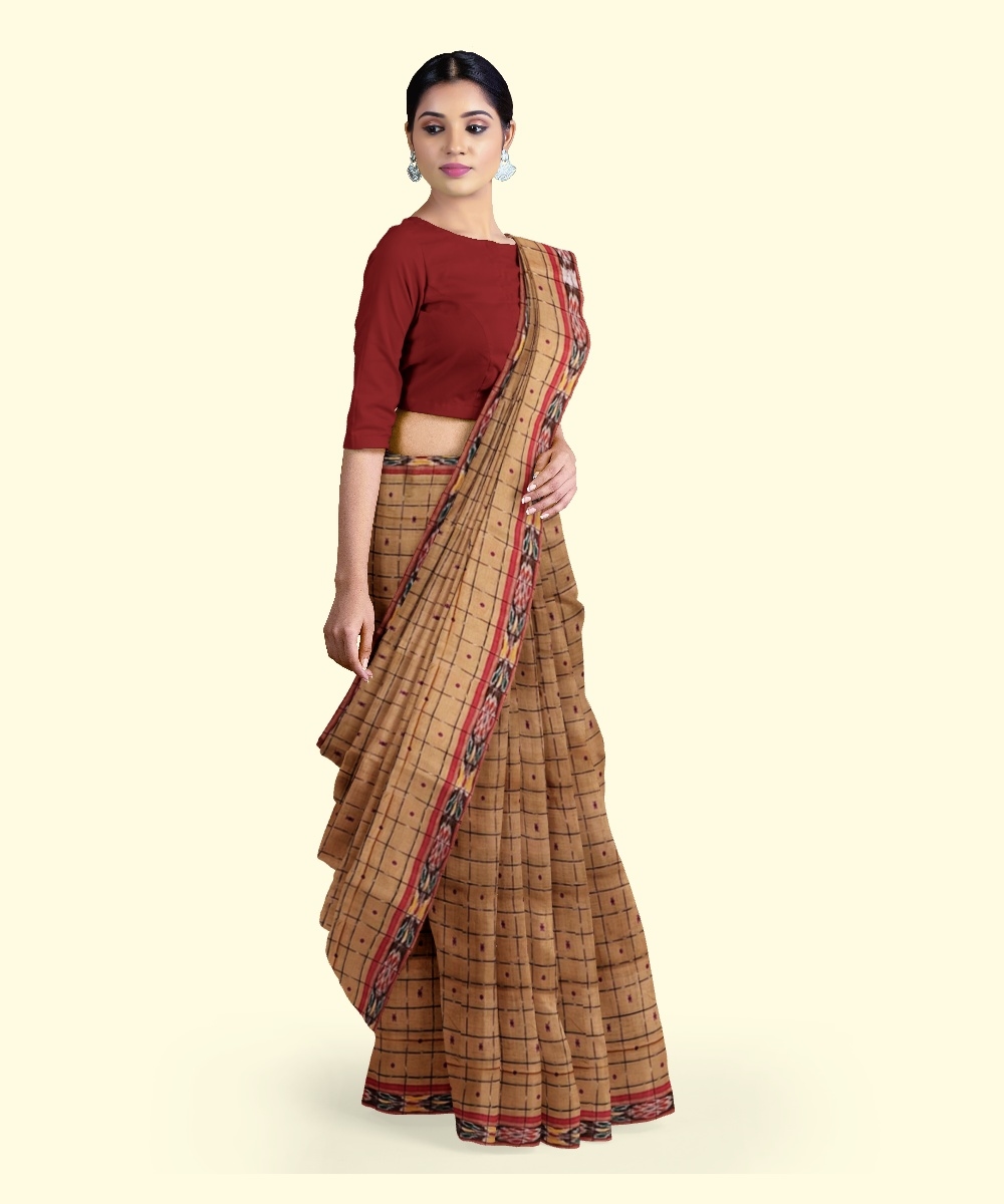 Beige Sambalpuri Handwoven Single Ikat Cotton Saree Image 2