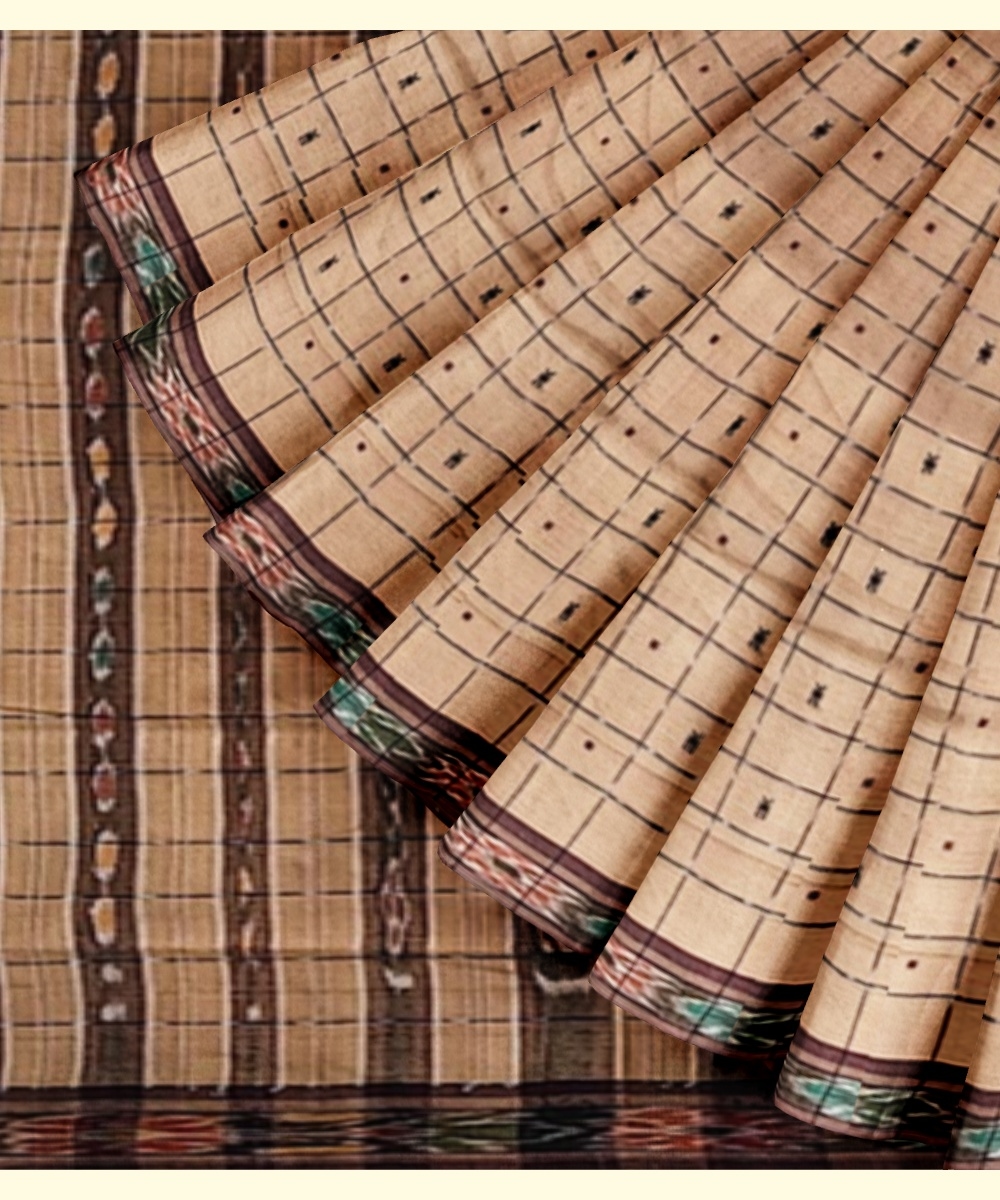 Beige Sambalpuri Handwoven Single Ikat Cotton Saree Image 3