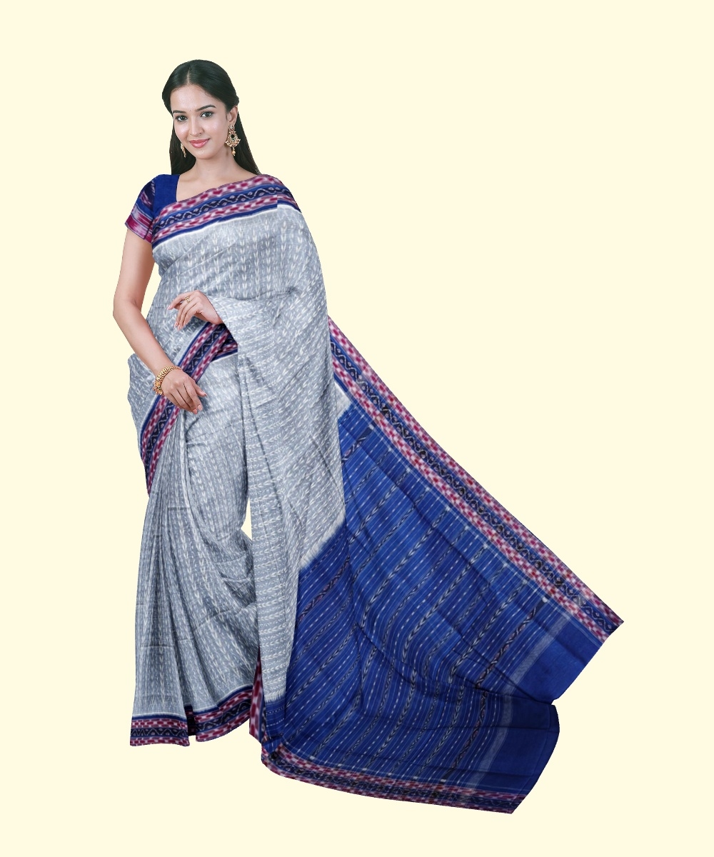 Gray Blue Sambalpuri Handwoven Single Ikat Cotton Saree Image 1