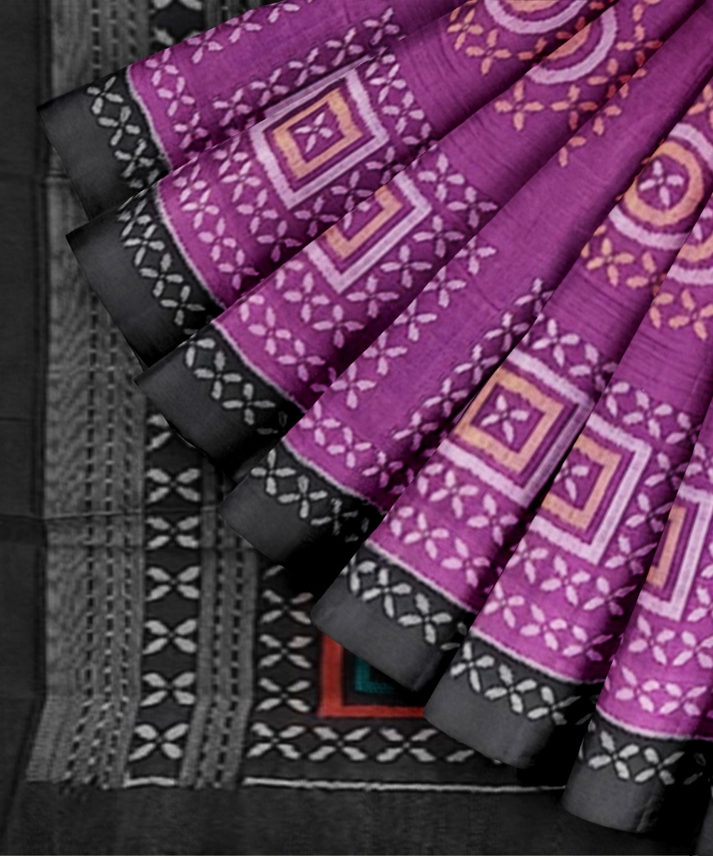 Purple Black Sambalpuri Handwoven Single Ikat Cotton Saree Image 2