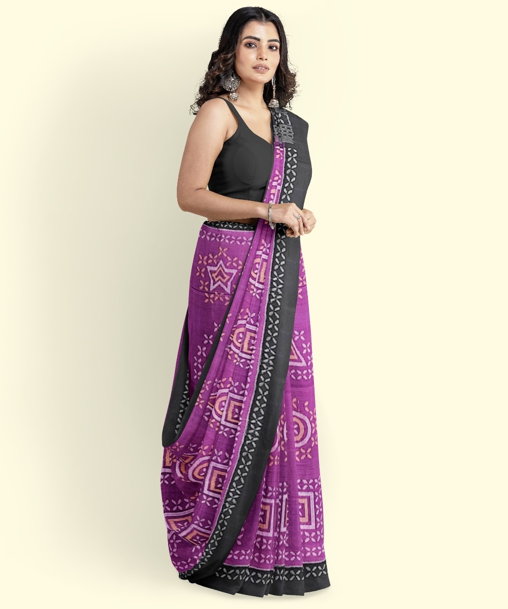 Purple Black Sambalpuri Handwoven Single Ikat Cotton Saree Image 4