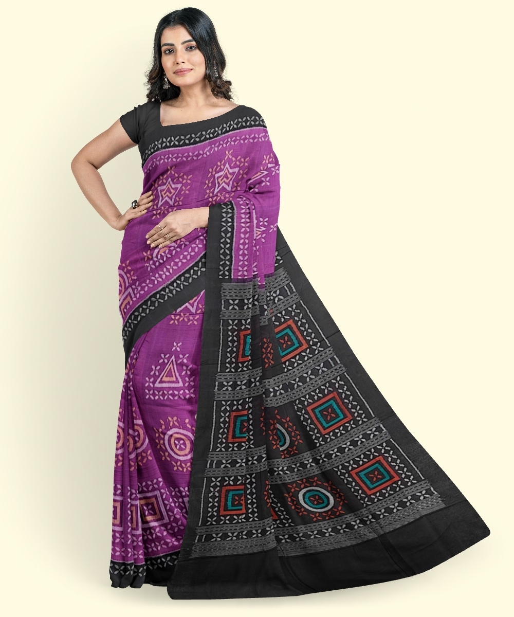 Purple Black Sambalpuri Handwoven Single Ikat Cotton Saree Image 1