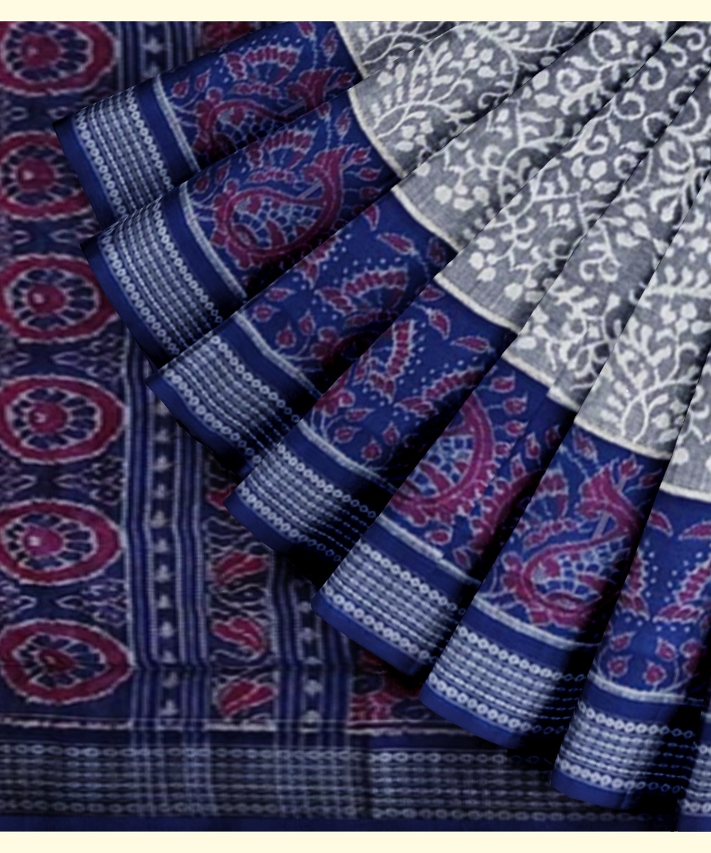 Gray Blue Sambalpuri Handwoven Single Ikat Cotton Saree Image 3