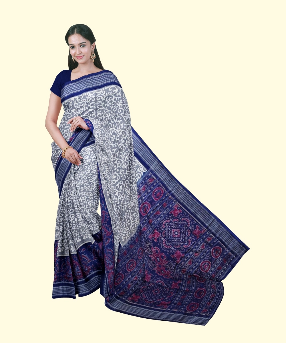 Gray Blue Sambalpuri Handwoven Single Ikat Cotton Saree Image 1