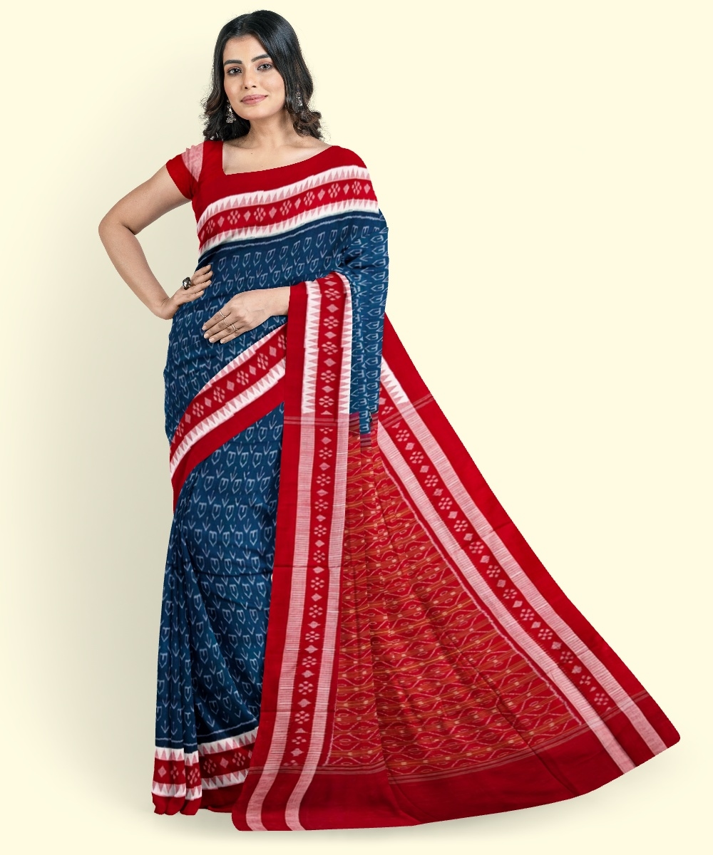 Green Red Sambalpuri Handwoven Single Ikat Cotton Saree Image 1